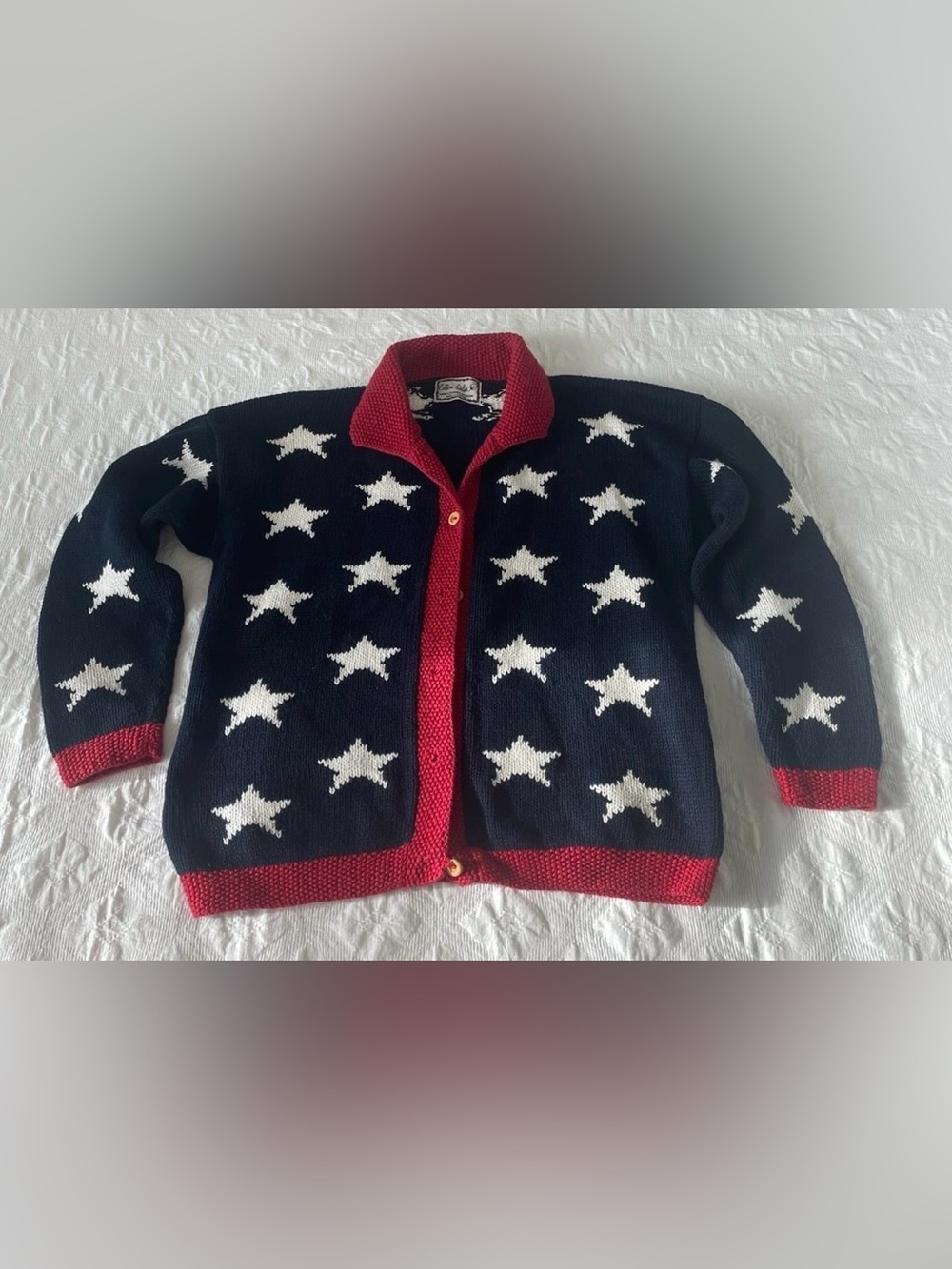 Cotton Salsa Women Sweater, Size Large Cardigan Hand Knit white stars, Semi New.